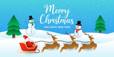 Mutlu Noeller arkaplan vektörü. Noel Baba kızakla giderken arka planda. Mutlu Noeller ve mutlu yeni yıl vektör tasarım şablonu poster, tebrik kartı, afiş