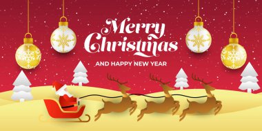 Mutlu Noeller arkaplan vektörü. Noel Baba kızakla giderken arka planda. Mutlu Noeller ve mutlu yeni yıl vektör tasarım şablonu poster, tebrik kartı, afiş