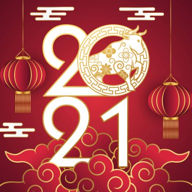Çin Yeni Yılı 2021 Öküz arka plan vektör illüstrasyonunda. Mutlu Çin Yeni Yılı 2021 vektör arkaplan tasarımı. 2021 Çin Yeni Yıl Kutlaması afişi, arkaplan, tebrik kartı