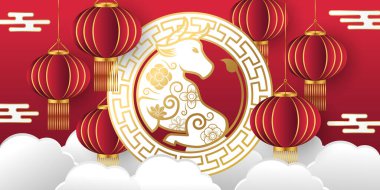 Çin Yeni Yılı 2021 Öküz arka plan vektör illüstrasyonunda. Mutlu Çin Yeni Yılı 2021 vektör arkaplan tasarımı. 2021 Çin Yeni Yıl Kutlaması afişi, arkaplan, tebrik kartı