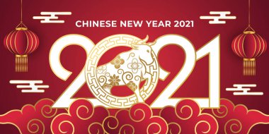 Çin Yeni Yılı 2021 Öküz arka plan vektör illüstrasyonunda. Mutlu Çin Yeni Yılı 2021 vektör arkaplan tasarımı. 2021 Çin Yeni Yıl Kutlaması afişi, arkaplan, tebrik kartı