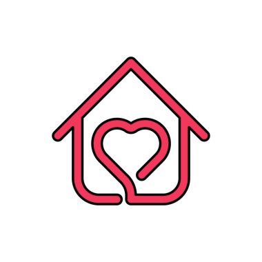 Ev Logosu Simgesi Vektör tasarım illüstrasyonunda kal. Aşk ikonu tasarım konseptiyle ev. Kalp şekli simgelerine sahip ev, Corona virüsü (COVID-19) salgını sırasında 