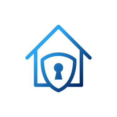 Ev Güvenlik Logosu Simgesi vektör tasarımı çizimi. House and Emlak için Shield Logo ikonu tasarım konsepti olan Ev Güvenliği. Akıllı Ev Güvenli tasarımı web sitesi, sembol, logo, simge, uygulama, UI.