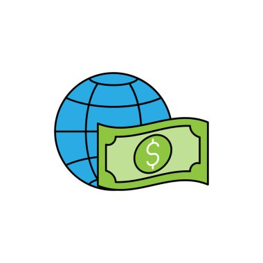 Globe simge vektör tasarımlı para. Bankacılık, Finans, Para ve Ticaret Yatırım Şirketi web sitesi, sembol, simge, simge, işaret, Uygulama UI şablonu için Dolar Para nakit ikonu tasarımı konsepti.