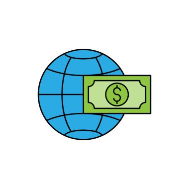 Globe simge vektör tasarımlı para. Bankacılık, Finans, Para ve Ticaret Yatırım Şirketi web sitesi, sembol, simge, simge, işaret, Uygulama UI şablonu için Dolar Para nakit ikonu tasarımı konsepti.