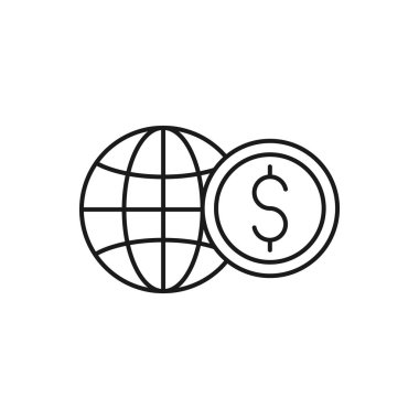 Globe simgesi vektör tasarımlı sikke. Bankacılık, Finans, Para ve Ticaret Yatırım İşletmeleri web sitesi, sembol, simge, simge, işaret, Uygulama UI şablonu için Dolar Sikkesi tasarımı kavramı.