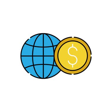 Globe simgesi vektör tasarımlı sikke. Bankacılık, Finans, Para ve Ticaret Yatırım İşletmeleri web sitesi, sembol, simge, simge, işaret, Uygulama UI şablonu için Dolar Sikkesi tasarımı kavramı.