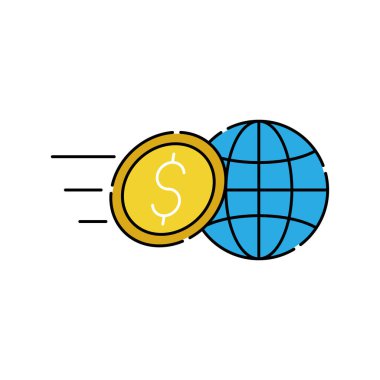 Globe simgesi vektör tasarımlı sikke. Bankacılık, Finans, Para ve Ticaret Yatırım İşletmeleri web sitesi, sembol, simge, simge, işaret, Uygulama UI şablonu için Dolar Sikkesi tasarımı kavramı.