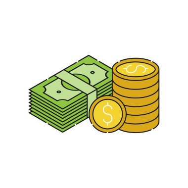 Para ikonu Vektör İllüstrasyonu. Ödeme, Finans, Para ve Ticaret Şirketi için Dolar Para ikonu vektör tasarımı konsepti. Web sitesi, sembol, simge, imza, Uygulama UI için para nakit vektör düz tasarım