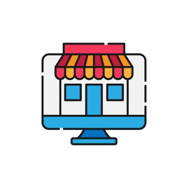 Çevrimiçi Mağaza simgesi Vektör Tasarımı İllüstrasyonu E-ticaret, çevrimiçi mağaza ve pazar yeri web sitesi, mobil, logo, sembol, düğme, işaret, uygulama UI için Modern Online Alışveriş ikonu vektör tasarımı kavramı