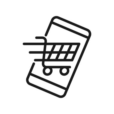 Cep telefonu simgesi Vektör Tasarımı olan alışveriş arabası. Akıllı telefon tasarım kavramına sahip alışveriş arabası simgesi e-ticaret, çevrimiçi mağaza ve pazar sitesi, mobil, logo, sembol, düğme, işaret, uygulama UI