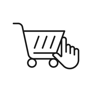 El ikonu Vektör Tasarımı ile Alışveriş Arabası. E-ticaret, çevrimiçi mağaza ve pazar sitesi, mobil, logo, sembol, düğme, işaret, uygulama için El Hareketi tasarım konseptine sahip alışveriş arabası simgesi