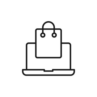 Laptop simgesi vektör tasarımlı alışveriş torbası. E- ticaret, çevrimiçi mağaza ve pazar yeri web sitesi, mobil, logo, sembol, düğme, işaret, uygulama UI için dizayn konseptine sahip çanta simgesi alışverişi