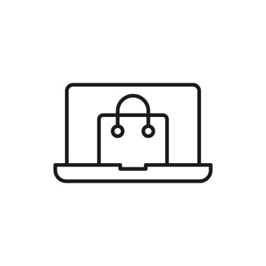 Laptop simgesi vektör tasarımlı alışveriş torbası. E- ticaret, çevrimiçi mağaza ve pazar yeri web sitesi, mobil, logo, sembol, düğme, işaret, uygulama UI için dizayn konseptine sahip çanta simgesi alışverişi