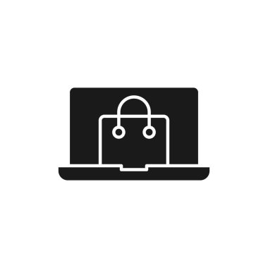 Laptop simgesi vektör tasarımlı alışveriş torbası. E- ticaret, çevrimiçi mağaza ve pazar yeri web sitesi, mobil, logo, sembol, düğme, işaret, uygulama UI için dizayn konseptine sahip çanta simgesi alışverişi