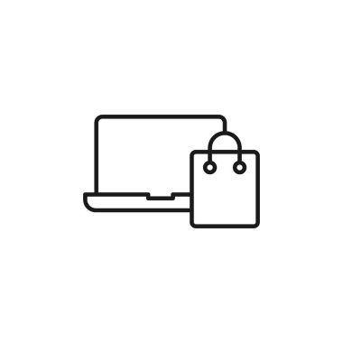 Laptop simgesi vektör tasarımlı alışveriş torbası. E- ticaret, çevrimiçi mağaza ve pazar yeri web sitesi, mobil, logo, sembol, düğme, işaret, uygulama UI için dizayn konseptine sahip çanta simgesi alışverişi