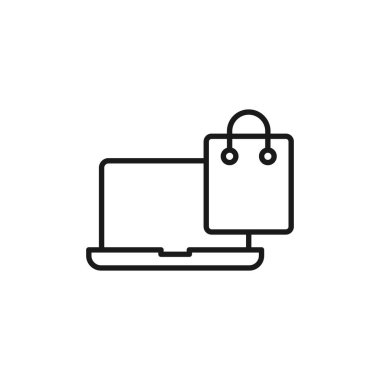 Laptop simgesi vektör tasarımlı alışveriş torbası. E- ticaret, çevrimiçi mağaza ve pazar yeri web sitesi, mobil, logo, sembol, düğme, işaret, uygulama UI için dizayn konseptine sahip çanta simgesi alışverişi