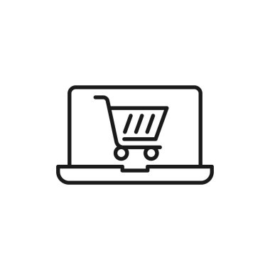 Dizüstü bilgisayar ikonu Vektör Tasarımı ile Alışveriş Arabası. E-ticaret, çevrimiçi mağaza ve pazar sitesi, mobil, logo, sembol, düğme, işaret, uygulama UI için dizüstü tasarım konseptine sahip alışveriş arabası simgesi