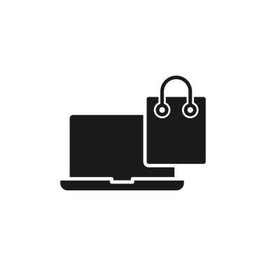 Laptop simgesi vektör tasarımlı alışveriş torbası. E- ticaret, çevrimiçi mağaza ve pazar yeri web sitesi, mobil, logo, sembol, düğme, işaret, uygulama UI için dizayn konseptine sahip çanta simgesi alışverişi