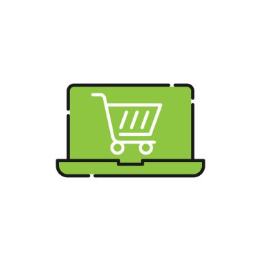 Dizüstü bilgisayar ikonu Vektör Tasarımı ile Alışveriş Arabası. E-ticaret, çevrimiçi mağaza ve pazar sitesi, mobil, logo, sembol, düğme, işaret, uygulama UI için dizüstü tasarım konseptine sahip alışveriş arabası simgesi