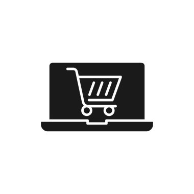 Dizüstü bilgisayar ikonu Vektör Tasarımı ile Alışveriş Arabası. E-ticaret, çevrimiçi mağaza ve pazar sitesi, mobil, logo, sembol, düğme, işaret, uygulama UI için dizüstü tasarım konseptine sahip alışveriş arabası simgesi