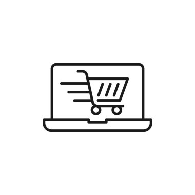 Dizüstü bilgisayar ikonu Vektör Tasarımı ile Alışveriş Arabası. E-ticaret, çevrimiçi mağaza ve pazar sitesi, mobil, logo, sembol, düğme, işaret, uygulama UI için dizüstü tasarım konseptine sahip alışveriş arabası simgesi