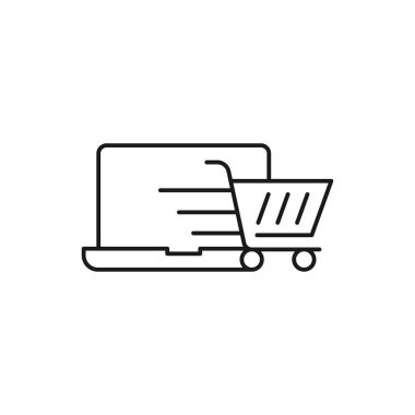 Dizüstü bilgisayar ikonu Vektör Tasarımı ile Alışveriş Arabası. E-ticaret, çevrimiçi mağaza ve pazar sitesi, mobil, logo, sembol, düğme, işaret, uygulama UI için dizüstü tasarım konseptine sahip alışveriş arabası simgesi