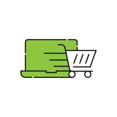 Dizüstü bilgisayar ikonu Vektör Tasarımı ile Alışveriş Arabası. E-ticaret, çevrimiçi mağaza ve pazar sitesi, mobil, logo, sembol, düğme, işaret, uygulama UI için dizüstü tasarım konseptine sahip alışveriş arabası simgesi