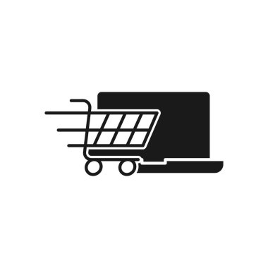 Dizüstü bilgisayar ikonu Vektör Tasarımı ile Alışveriş Arabası. E-ticaret, çevrimiçi mağaza ve pazar sitesi, mobil, logo, sembol, düğme, işaret, uygulama UI için dizüstü tasarım konseptine sahip alışveriş arabası simgesi