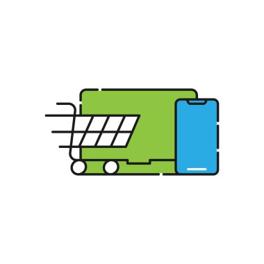 Dizüstü bilgisayar ikonu Vektör Tasarımı ile Alışveriş Arabası. E-ticaret, çevrimiçi mağaza ve pazar sitesi, mobil, logo, sembol, düğme, işaret, uygulama UI için dizüstü tasarım konseptine sahip alışveriş arabası simgesi