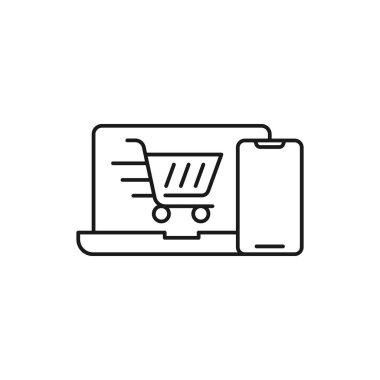 Dizüstü bilgisayar ikonu Vektör Tasarımı ile Alışveriş Arabası. E-ticaret, çevrimiçi mağaza ve pazar sitesi, mobil, logo, sembol, düğme, işaret, uygulama UI için dizüstü tasarım konseptine sahip alışveriş arabası simgesi