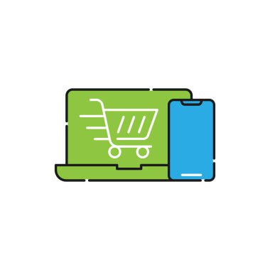 Dizüstü bilgisayar ikonu Vektör Tasarımı ile Alışveriş Arabası. E-ticaret, çevrimiçi mağaza ve pazar sitesi, mobil, logo, sembol, düğme, işaret, uygulama UI için dizüstü tasarım konseptine sahip alışveriş arabası simgesi