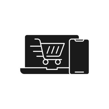 Dizüstü bilgisayar ikonu Vektör Tasarımı ile Alışveriş Arabası. E-ticaret, çevrimiçi mağaza ve pazar sitesi, mobil, logo, sembol, düğme, işaret, uygulama UI için dizüstü tasarım konseptine sahip alışveriş arabası simgesi
