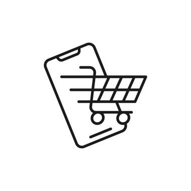 Cep telefonu simgesi Vektör Tasarımı olan alışveriş arabası. Akıllı telefon tasarım kavramına sahip alışveriş arabası simgesi e-ticaret, çevrimiçi mağaza ve pazar sitesi, mobil, logo, sembol, düğme, işaret, uygulama UI