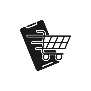 Cep telefonu simgesi Vektör Tasarımı olan alışveriş arabası. Akıllı telefon tasarım kavramına sahip alışveriş arabası simgesi e-ticaret, çevrimiçi mağaza ve pazar sitesi, mobil, logo, sembol, düğme, işaret, uygulama UI