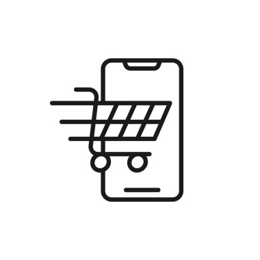 Cep telefonu simgesi Vektör Tasarımı olan alışveriş arabası. Akıllı telefon tasarım kavramına sahip alışveriş arabası simgesi e-ticaret, çevrimiçi mağaza ve pazar sitesi, mobil, logo, sembol, düğme, işaret, uygulama UI