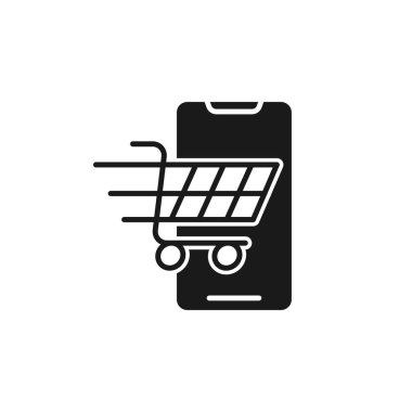 Cep telefonu simgesi Vektör Tasarımı olan alışveriş arabası. Akıllı telefon tasarım kavramına sahip alışveriş arabası simgesi e-ticaret, çevrimiçi mağaza ve pazar sitesi, mobil, logo, sembol, düğme, işaret, uygulama UI