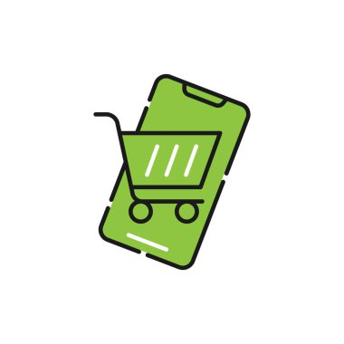 Cep telefonu simgesi Vektör Tasarımı olan alışveriş arabası. Akıllı telefon tasarım kavramına sahip alışveriş arabası simgesi e-ticaret, çevrimiçi mağaza ve pazar sitesi, mobil, logo, sembol, düğme, işaret, uygulama UI