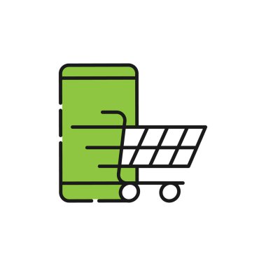 Cep telefonu simgesi Vektör Tasarımı olan alışveriş arabası. Akıllı telefon tasarım kavramına sahip alışveriş arabası simgesi e-ticaret, çevrimiçi mağaza ve pazar sitesi, mobil, logo, sembol, düğme, işaret, uygulama UI