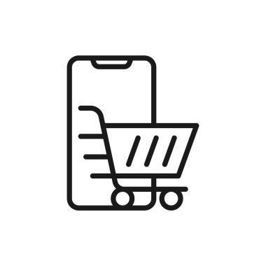 Cep telefonu simgesi Vektör Tasarımı olan alışveriş arabası. Akıllı telefon tasarım kavramına sahip alışveriş arabası simgesi e-ticaret, çevrimiçi mağaza ve pazar sitesi, mobil, logo, sembol, düğme, işaret, uygulama UI