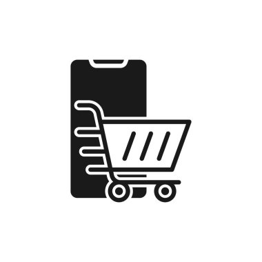 Cep telefonu simgesi Vektör Tasarımı olan alışveriş arabası. Akıllı telefon tasarım kavramına sahip alışveriş arabası simgesi e-ticaret, çevrimiçi mağaza ve pazar sitesi, mobil, logo, sembol, düğme, işaret, uygulama UI