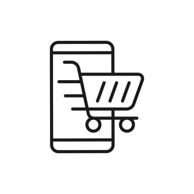 Cep telefonu simgesi Vektör Tasarımı olan alışveriş arabası. Akıllı telefon tasarım kavramına sahip alışveriş arabası simgesi e-ticaret, çevrimiçi mağaza ve pazar sitesi, mobil, logo, sembol, düğme, işaret, uygulama UI