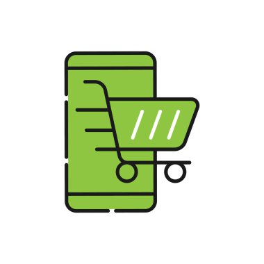 Cep telefonu simgesi Vektör Tasarımı olan alışveriş arabası. Akıllı telefon tasarım kavramına sahip alışveriş arabası simgesi e-ticaret, çevrimiçi mağaza ve pazar sitesi, mobil, logo, sembol, düğme, işaret, uygulama UI
