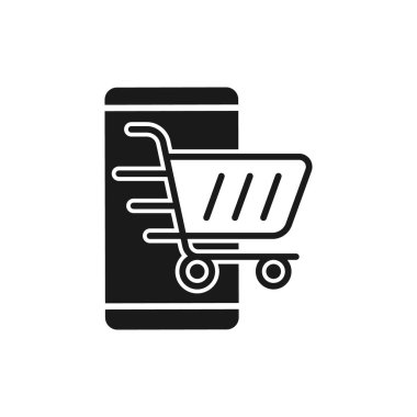 Cep telefonu simgesi Vektör Tasarımı olan alışveriş arabası. Akıllı telefon tasarım kavramına sahip alışveriş arabası simgesi e-ticaret, çevrimiçi mağaza ve pazar sitesi, mobil, logo, sembol, düğme, işaret, uygulama UI