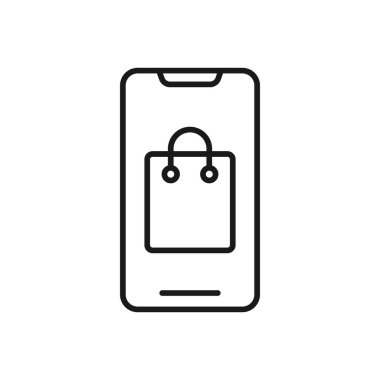 Cep telefonu simgesi Vektör Tasarımı olan alışveriş çantası. E-ticaret, çevrimiçi mağaza ve pazar yeri web sitesi, mobil, logo, sembol, düğme, işaret, uygulama UI için akıllı telefon tasarım konseptine sahip çanta simgesi alınıyor