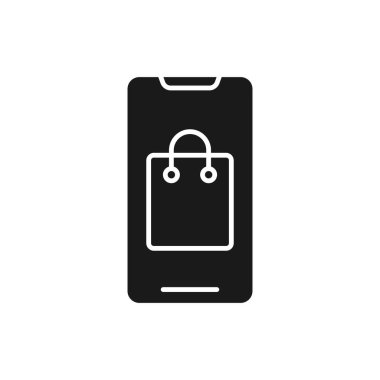 Cep telefonu simgesi Vektör Tasarımı olan alışveriş çantası. E-ticaret, çevrimiçi mağaza ve pazar yeri web sitesi, mobil, logo, sembol, düğme, işaret, uygulama UI için akıllı telefon tasarım konseptine sahip çanta simgesi alınıyor