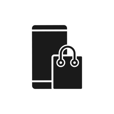 Cep telefonu simgesi Vektör Tasarımı olan alışveriş çantası. E-ticaret, çevrimiçi mağaza ve pazar yeri web sitesi, mobil, logo, sembol, düğme, işaret, uygulama UI için akıllı telefon tasarım konseptine sahip çanta simgesi alınıyor