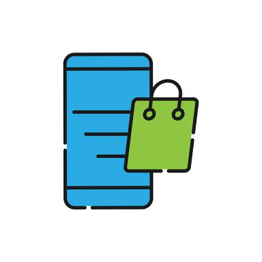 Cep telefonu simgesi Vektör Tasarımı olan alışveriş çantası. E-ticaret, çevrimiçi mağaza ve pazar yeri web sitesi, mobil, logo, sembol, düğme, işaret, uygulama UI için akıllı telefon tasarım konseptine sahip çanta simgesi alınıyor