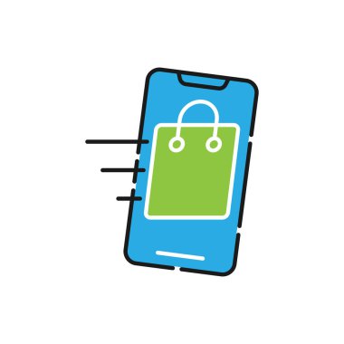 Cep telefonu simgesi Vektör Tasarımı olan alışveriş çantası. E-ticaret, çevrimiçi mağaza ve pazar yeri web sitesi, mobil, logo, sembol, düğme, işaret, uygulama UI için akıllı telefon tasarım konseptine sahip çanta simgesi alınıyor