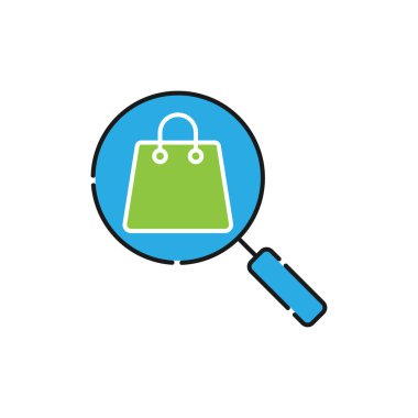 Arama simgesi vektör tasarımlı alışveriş torbası. E- ticaret, çevrimiçi mağaza ve pazar yeri web sitesi, mobil, logo, sembol, düğme, işaret, Uygulama UI tasarım kavramına sahip alışveriş çantası simgesi aranıyor